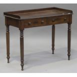 A Victorian mahogany side table, the gallery top above two frieze drawers, raised on turned legs,
