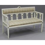 A late 19th/early 20th century Swedish white painted and gilt metal mounted settee, height 98cm,