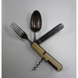 A late 19th/early 20th century plated folding pocket cutlery set with ivory grips, fitted with
