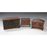 A Regency rosewood sarcophagus tea caddy with boxwood stringing and pressed brass feet, width 19.