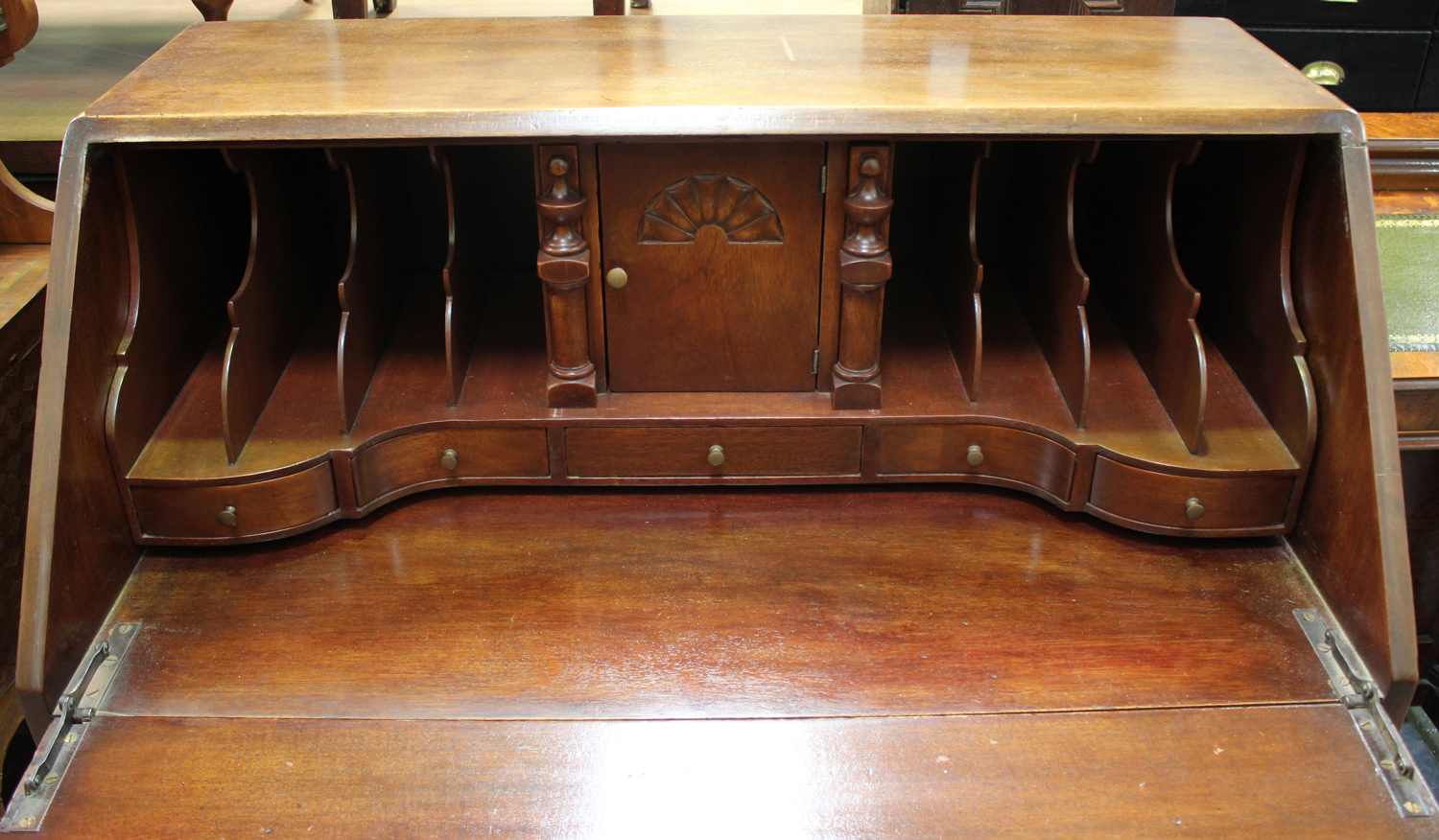 A 20th century mahogany bureau, the fall front above four long drawers, on cabriole legs and claw - Image 2 of 2