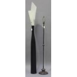 A modern Continental ebonized wooden floor light with angular curved plastic shade, height 182cm,