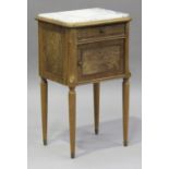 A 20th century French walnut and bird's eye maple veneered bedside cabinet with white marble top,