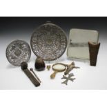 A group of collectors' items, including a Persian brass scribe's case with overall applied filigree,