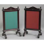 A pair of 20th century William IV style mahogany triple panel firescreens with rising and sliding