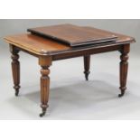 A Victorian mahogany extending dining table, the moulded top with single extra leaf, raised on