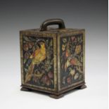 An early 20th century W. & R. Jacob & Co novelty biscuit tin, decorated with colourful birds and