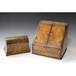 A Victorian burr walnut stationery box, the double hinged sloping front enclosing a fitted interior,