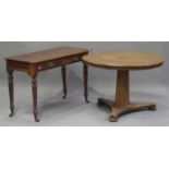 A late Victorian walnut side table, fitted with two frieze drawers, on ring turned tapering legs,