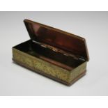 An 18th century Dutch copper and brass tobacco box of rectangular form, the hinged lid and base