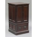 An Edwardian mahogany side cabinet, fitted with a pair of panel doors above a drawer, on a plinth