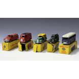 Five Dinky Toys commercial vehicles, comprising a No. 254 Austin taxi, finished in green and yellow,