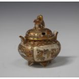 A Japanese Satsuma earthenware koro and cover with dog of Fo finial, Meiji period, of quatrelobed