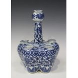 A Chinese blue and white porcelain crocus vase, late 19th century, the lobed bulbous body painted