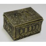 An African cast brass gold weight box of rectangular form, the removable lid decorated with two