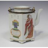 A Chinese famille rose enamelled porcelain hexagonal teapot and cover, mark of Daoguang but probably