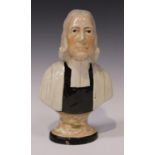 A Staffordshire pottery bust of John Wesley, circa 1830, modelled in ministerial dress on a tapering