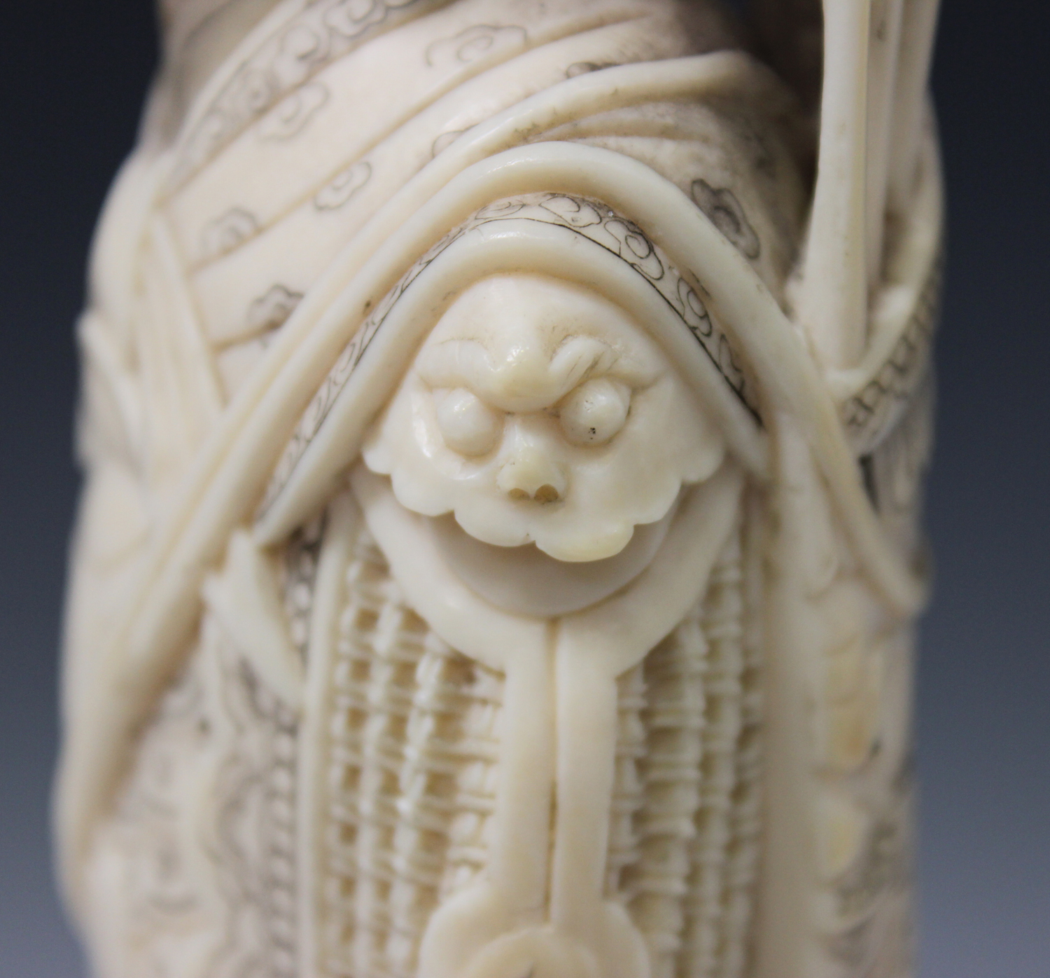 A Japanese carved and stained ivory figure of a female warrior, early 20th century, modelled - Image 3 of 13