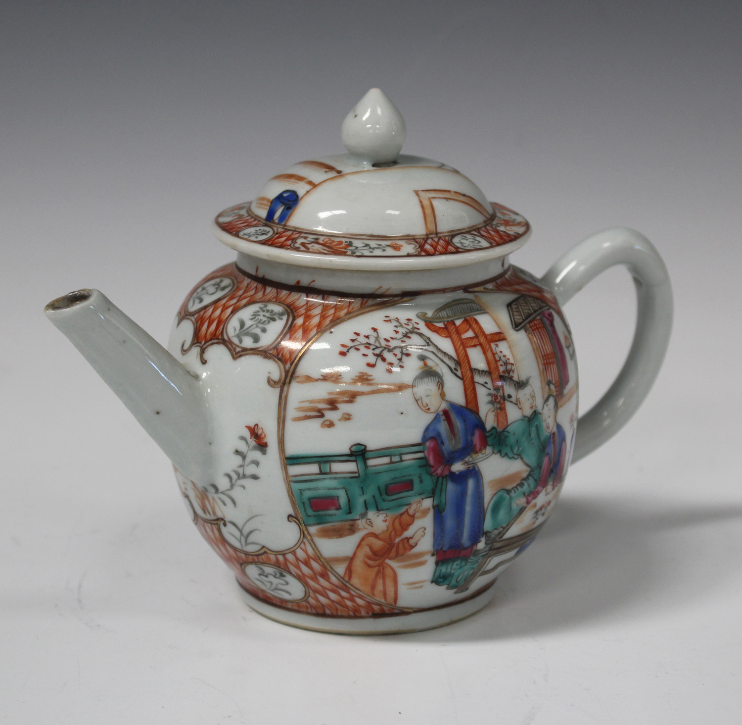 A Chinese famille rose export porcelain globular teapot and domed cover, Qianlong period, painted