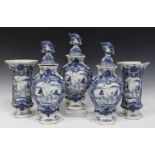 A five-piece garniture of Dutch Delft pottery, 19th century, comprising three baluster shaped