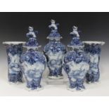 A five-piece garniture of Dutch Delft pottery, 19th century, comprising three baluster shaped