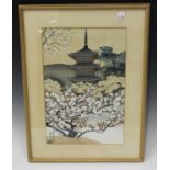 Benji Asada (1899-1984) - a Japanese woodblock print, 20th century, depicting the pagoda at