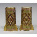 A diminutive pair of Coalport Cashmere pattern spill vases, 1880s, the richly gilded and enamelled