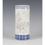 A Chinese incised and stained blue and white porcelain cylinder vase, late Qing dynasty, the body