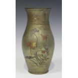 A Japanese mixed metal inlaid bronze vase, Meiji period, the ovoid body and flared neck finely