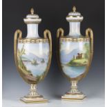 A large pair of Coalport porcelain two-handled vases and covers, 1860s, the U-shaped bodies each