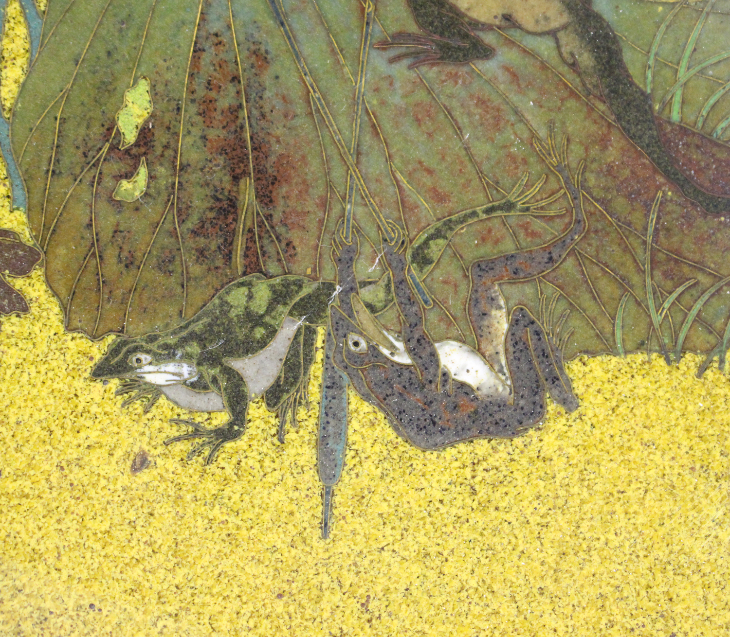 A Japanese cloisonné circular dish, Meiji period, decorated with battling frogs and toads using - Image 3 of 5