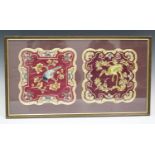 Two pairs of Chinese burgundy silk embroidered panels, 20th century, one pair of octagonal