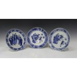 A group of three Chinese blue and white porcelain plates, mid to late 19th century, each painted