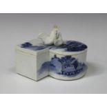 A Japanese Hirado blue and white porcelain box and cover, Meiji period, with cockerel and hen