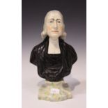 A Staffordshire pottery portrait bust of John Wesley, mid-19th century, after a model by Enoch Wood,
