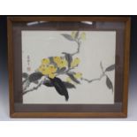 A Chinese watercolour painting, 20th century, depicting a fruiting persimmon branch, black signature