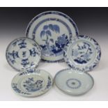 A group of Chinese blue and white porcelain, Kangxi and Qianlong period, comprising a circular dish,