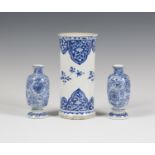 A Chinese blue and white export porcelain vase, Kangxi period, of slightly waisted cylindrical form,