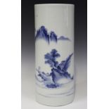 A Japanese Hirado blue and white porcelain cylinder vase, late Edo period, painted with pavilions