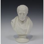 A Parian bust of the Duke of Wellington, circa 1852, modelled by Joseph Pitts, raised on a socle