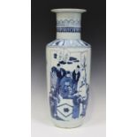 A Chinese blue and white porcelain rouleau vase, 20th century, the body painted with figures and