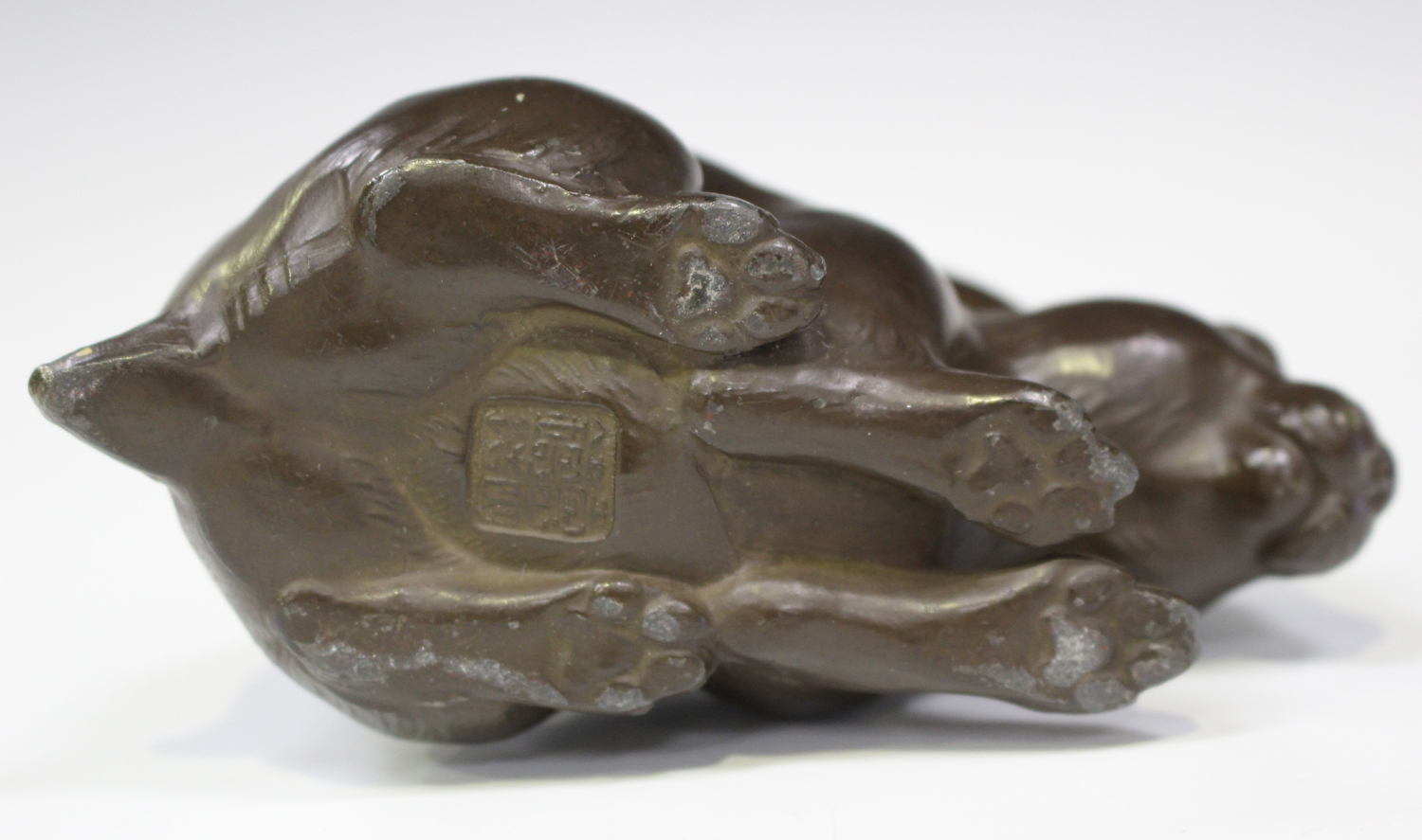 A Japanese brown patinated metal figure of a rabbit, early 20th century, stamped seal mark to - Image 10 of 14