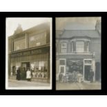 A group of 3 photographic postcards of shopfronts, identified as A. Butcher, Grocer and Tea