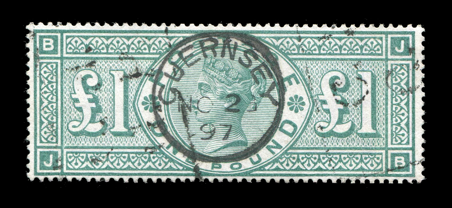 A Great Britain 1891 £1 green stamp (SG 212), used with Guernsey CDS (BPA certificate).Buyer’s