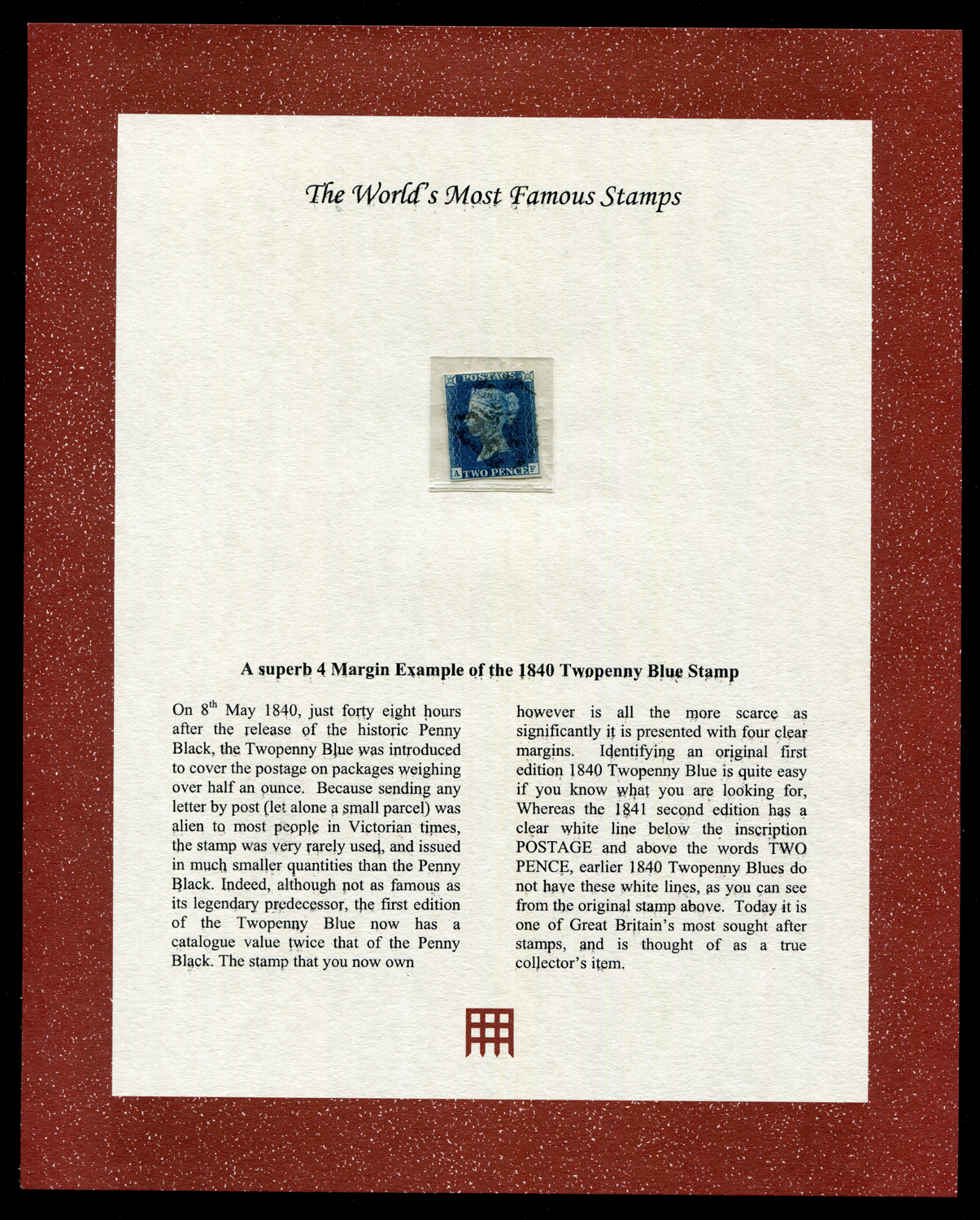 A Great Britain 1840 2d blue stamp, black Maltese cross, just with four margins.Buyer’s Premium 29.