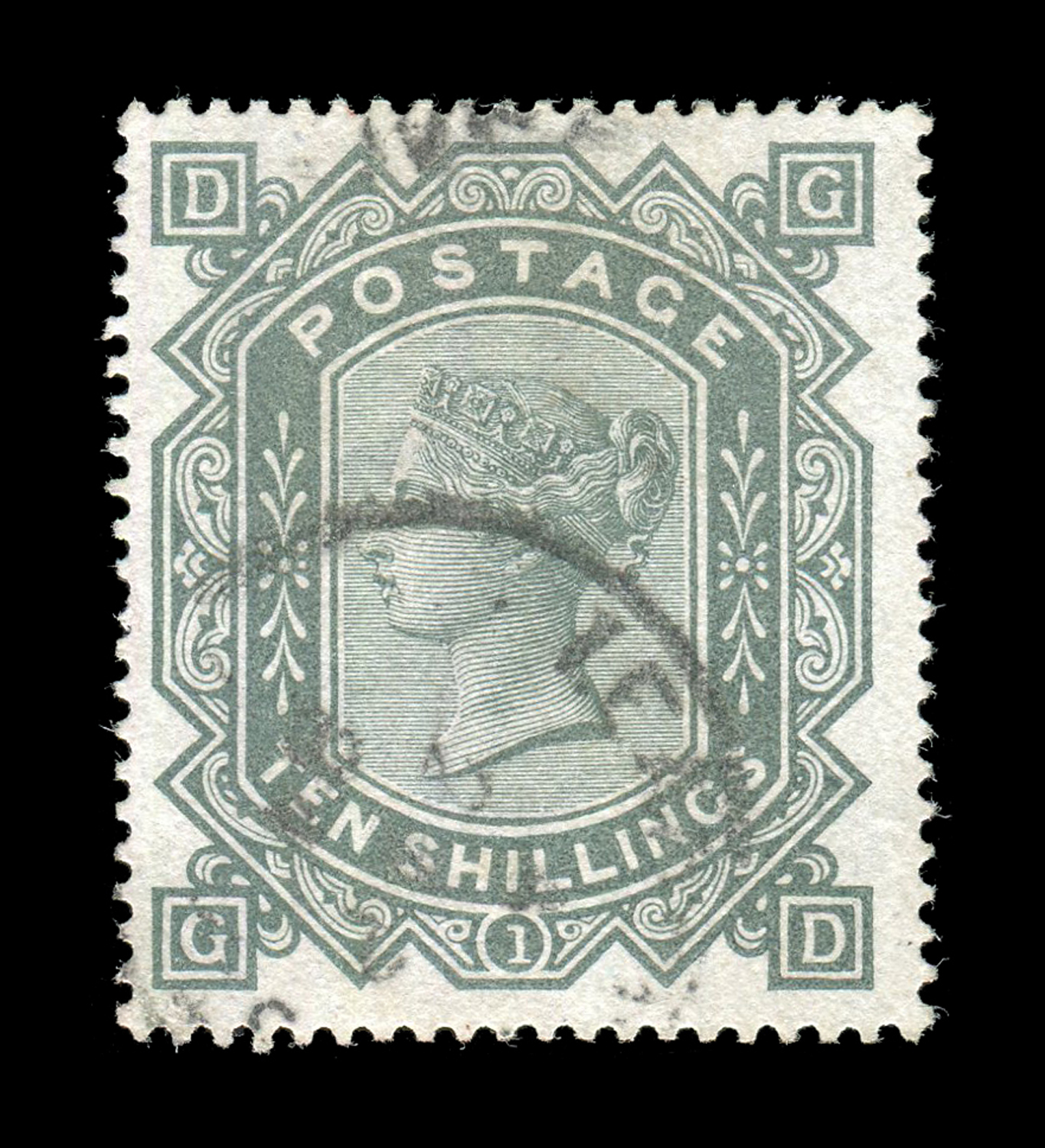 A Great Britain 1883 10 shillings greenish grey stamp, anchor watermark (SG 135) used.Buyer’s