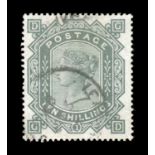 A Great Britain 1883 10 shillings greenish grey stamp, anchor watermark (SG 135) used.Buyer’s