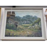 Hazel Dunlop - Landscape with Farm Buildings and Chickens, 20th century oil on canvas, signed recto,