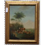 British School - Cattle in a Landscape, late 18th/early 19th century oil on canvas, 36cm x 26.5cm,