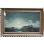 Edward Hoyer - Moonlit Maritime Scene with Sinking Ship and Rowing Boat, 19th century oil on canvas,